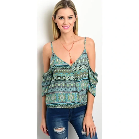 Boho Cold Shoulder Top Teal Tribal Print Flowy Spaghetti Strap Blouse - Picture 3 of 3